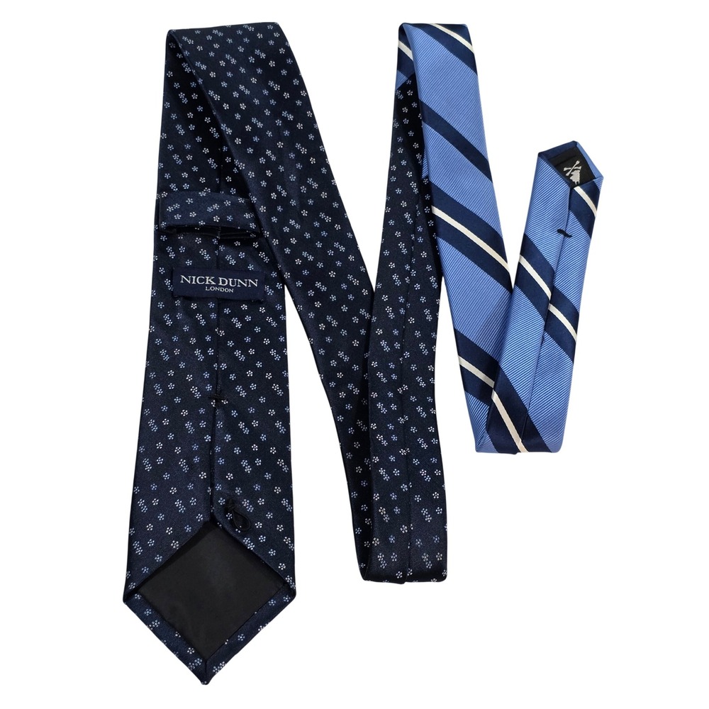 Nick Dunn London Mens Navy Floral Light Blue Striped Handmade Necktie 57x3.25